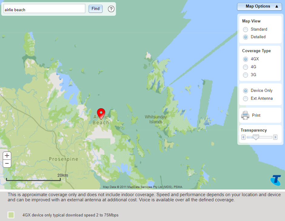 Telstra 4G phone coverage map Whitsunday Islands